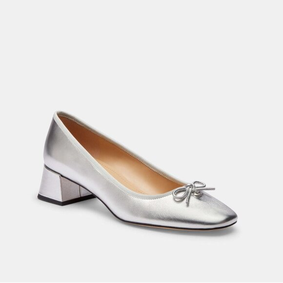 Coach Ava Ballet Pump Women Size 9B Silver Metallic Leather Walkable Block Heel - Picture 1 of 5